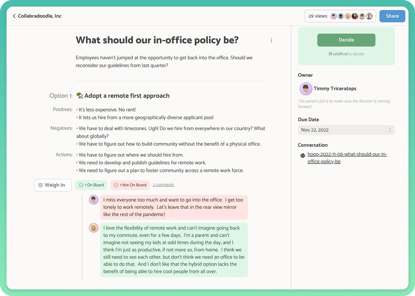 Screenshot of a decision being made in Hoop